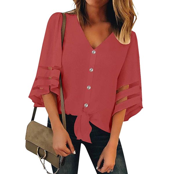 

solid trumpet sleeve button front chiffon fashion women blouse travel ladies daily dating patchwork summer v neck hollow out, White