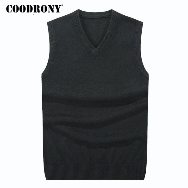 

coodrony autumn winter cashmere classic vest sweater men sleeveless sweaters solid color v-neck wool pullovers men jersey hombre, Black;white