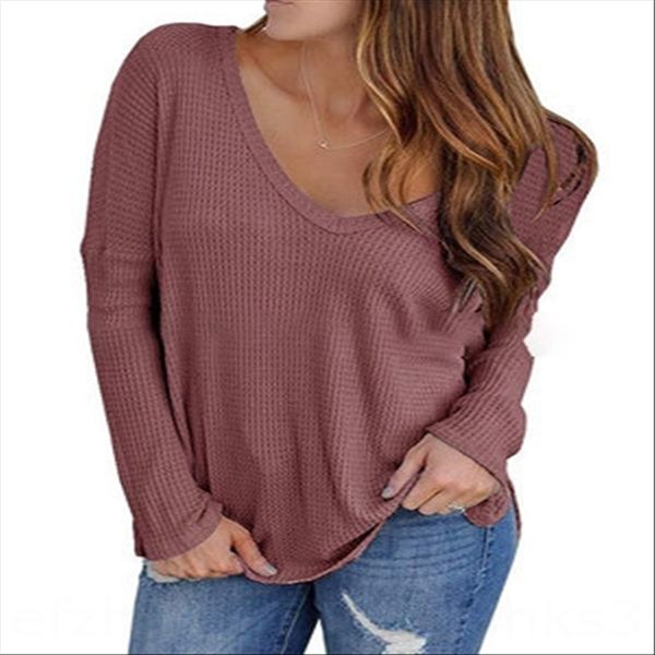

2019 autumn women's long sleeve deep v loose 2019 t-shirt waffle autumn women's waffle long sleeve deep v loose t-shirt, White
