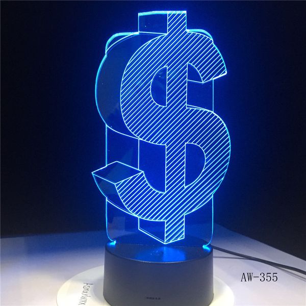 

novelty 3d dollar sign usd home decor lamp flash party atmosphere luminarias touch 7 colors change led illusion light aw-355