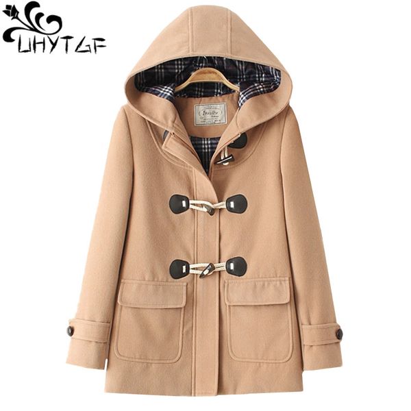 

uhytgf new imitation wool warm womens winter outerwear fashion horn buckle hooded woolen jacket female plus size coats 1227, Black