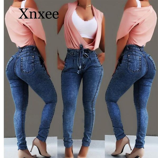 

summer ladies high waist jeans women wash casual bandage denim plus size 5xl jeans mom blue pencil pants skinny woman