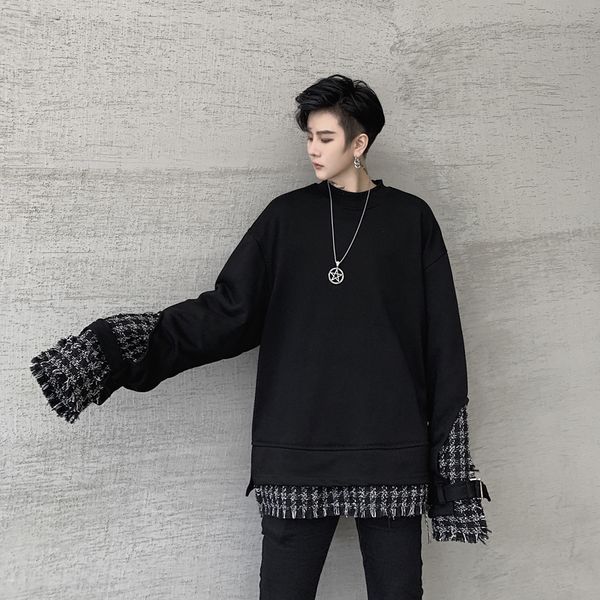 

autumn winter men splice plaid loose casual black pullover sweatshirt male streetwear hip hop long sleeve hoodie outerwear