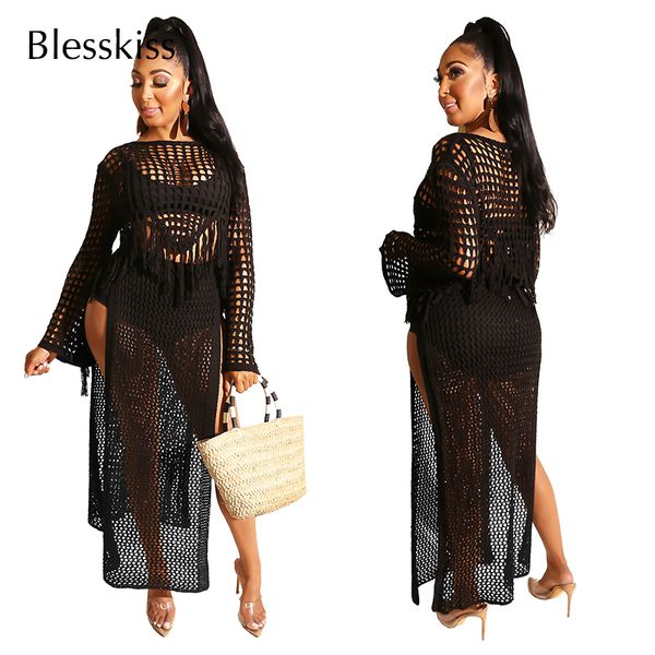 

blesskiss 2 two piece set crochet beach dress women swimsuit bikini cover up long sleeve crop open skirt beach sarong pareo, Blue;gray