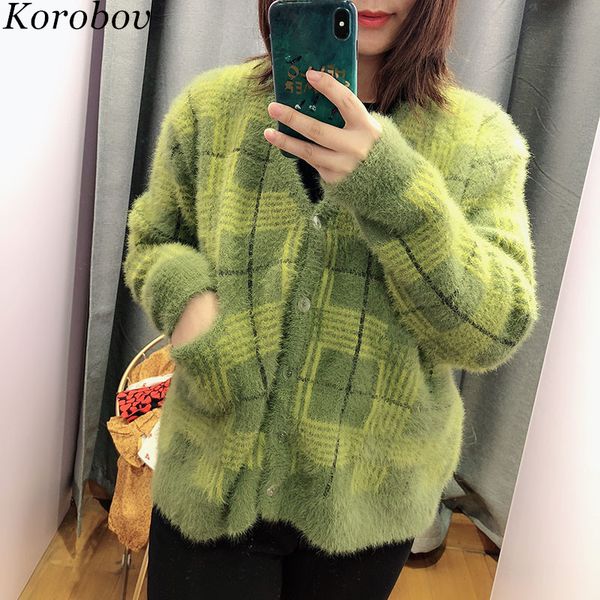 

korobov striped patchwork female cardigans v-neck vintage plaid women sweaters pockets mohair long sleeve sweater 76522, White;black