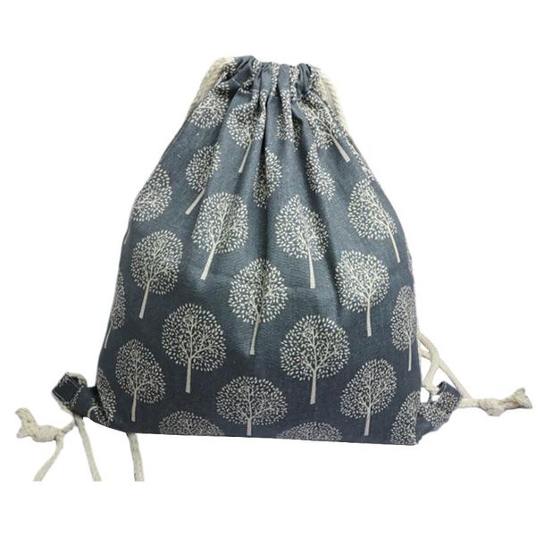 

4pcs shopping drawstring practical portable foldable storage bag fashion large capacity cotton linen tree printed travel home