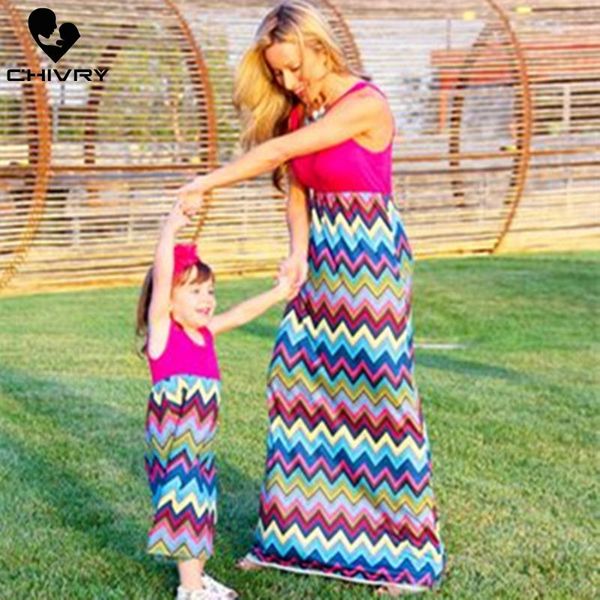 

chivry new mother daughter dresses sleeveless patchwork waves long dress mom and daughter sundress family matching clothes, Blue