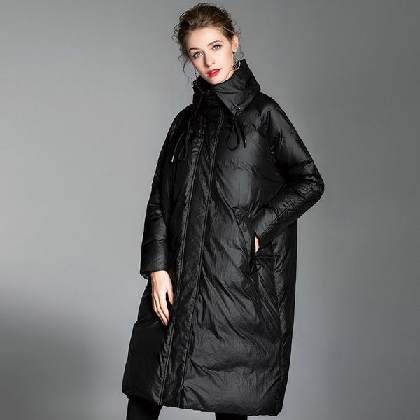 

loose fashion bat type 90% white duck down fashion winter jacket coat women plus size high collar long feather overcoat female, Black