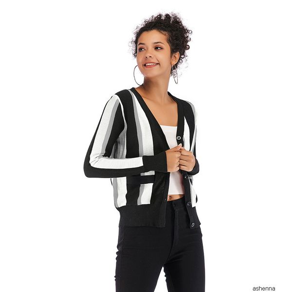 

womens designer sweater color matching vertical stripes slim knit cardigan v-neck long sleeve jacket women8g4z, White;black