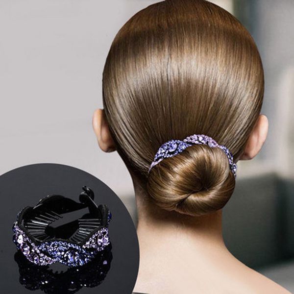 

2019 new fashion simple women's crystal rhinestone hair clips claw clamp bun net ponytail holder party gifts, Pink