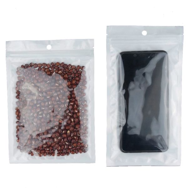 100 pcs X 7.5 * 12 cm branco + limpar BOPP perlized filme ziplock saco-phone case / biscoito embalagem saco de plástico, reutilizável zip lock poli bolsa