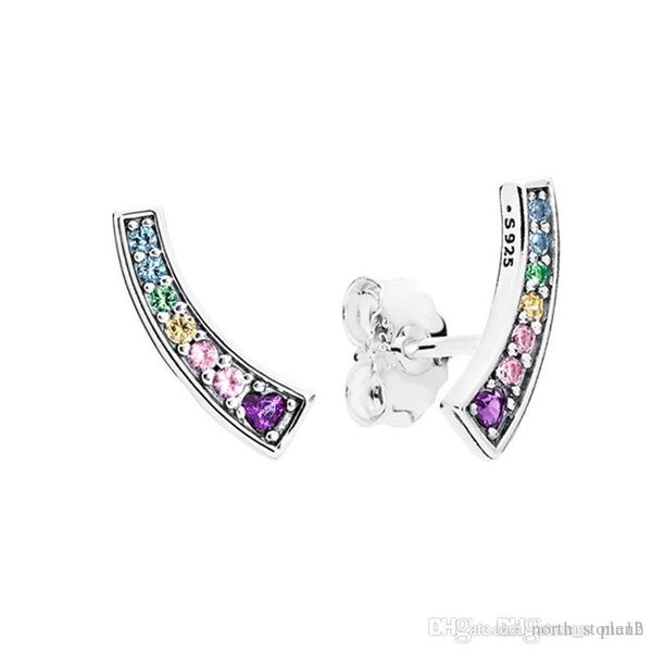 

2019 new fashion luxury women color crystal rainbow stud earring for pandora 925 sterling silver earring jewelry with gift box, Golden;silver