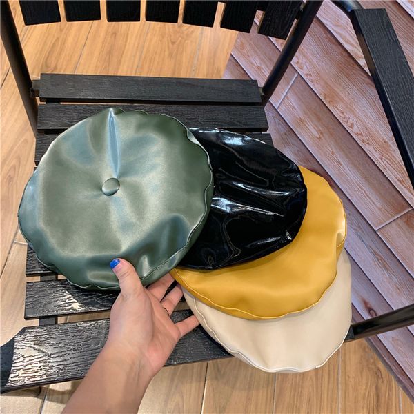 

01908-yuchun-gaoguan british style macaron colour mild waterproof soft pu lady beret cap men women leisure painter hat, Blue;gray