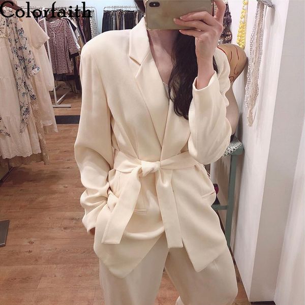 

colorfaith new 2019 autumn winter women's blazers sashes lace up formal long jackets notched outerwear england style jk158, White;black