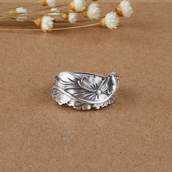

2019 new 100% s990 pure silver matte female ring fashion chinese style lotus ring for female thai silver woman's, Slivery;golden