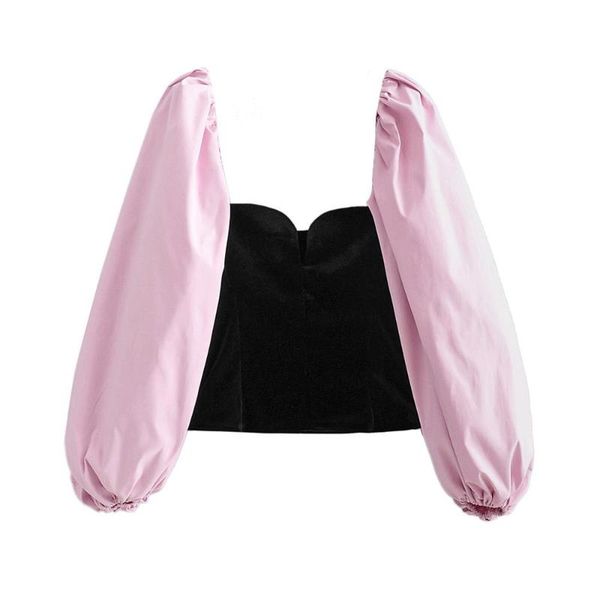 

2020 spring and summer color matching square collar velvet bubble big sleeve shirt design sense holiday top, White