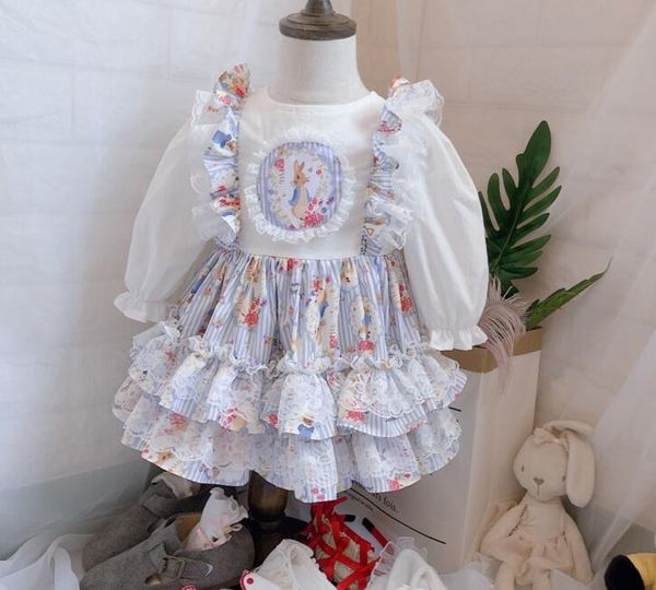 

girl kids designer clothes dress antique spain style cartoon rabbit half sleeve pleated dress spring fall princess dresses, Red;yellow