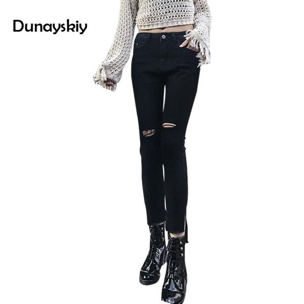 

new slim stretch high waist skinny jeans female holes knee vintage black gray slit side denim pencil pants women jeans pantalon, Blue