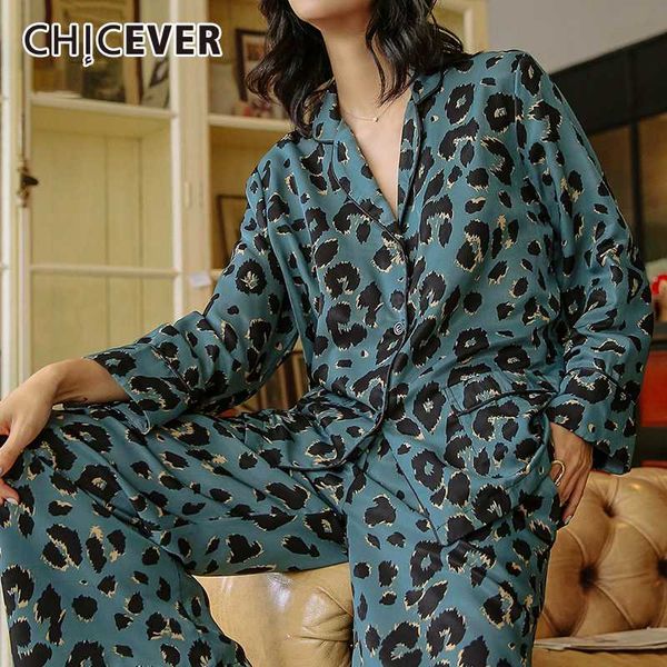 

two piece dress chicever satin leopard print hit color set women lapel collar long sleeve shirt high waist pants female suits 2021, White