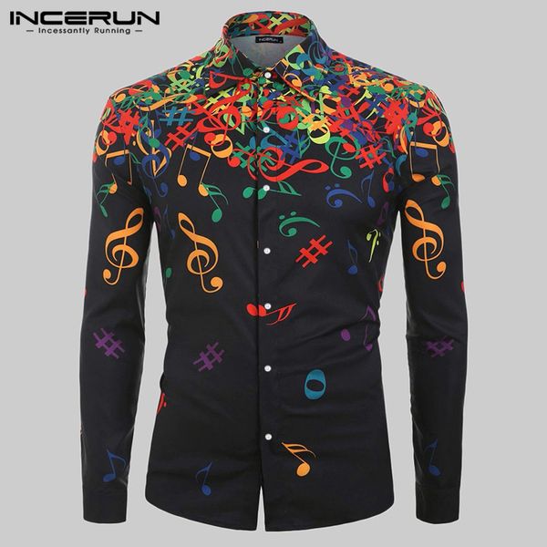 

incerun men dress shirt music symbol printed casual lapel brand long sleeve blouse streetwear fitness button business shirt men, White;black