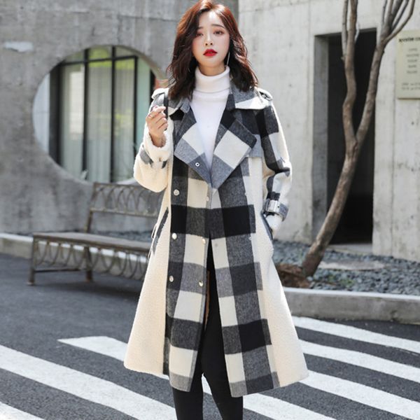 

ewq] 2019 autumn winter new korea style woolen coat long sleeved long section velvet plaid stitching fur thick warm coat ql494, Black