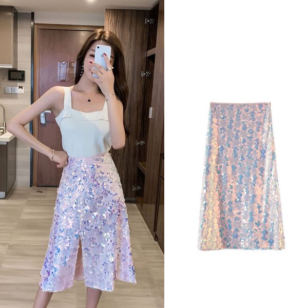 

women mesh skirts 2019 summer fashion sparkling sequined pencil skirt midi falda mujer jupe crayon femme, Black