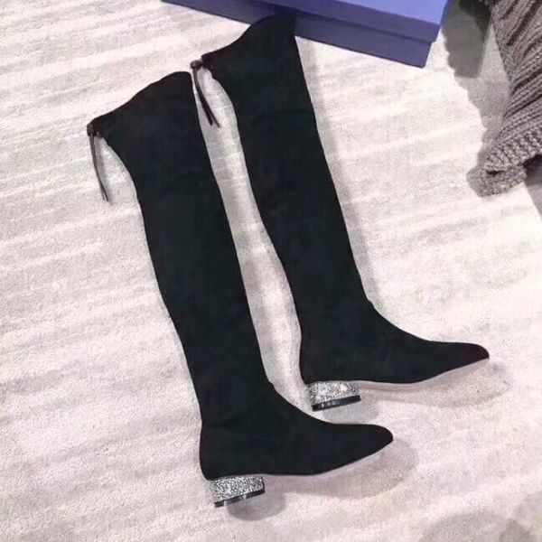 

booties boots chaussures over the knee winter new drill after heel strap faux suede two color 3cm heel thigh-high boots, Black