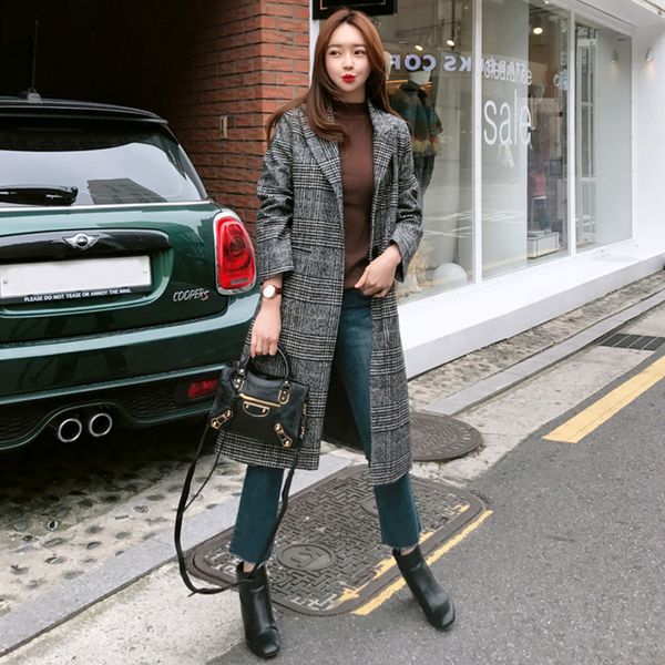 

plaid elegant long wool blend ladies coat new full sleeve women's jacket single button korean womens fashion coat, Black