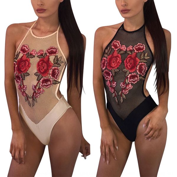 

2019 jumpsuit pants swimsuit jumpsuit rose embroidery one-piece pants perspective mesh stitching breifs one-piece swimsuit, White;black
