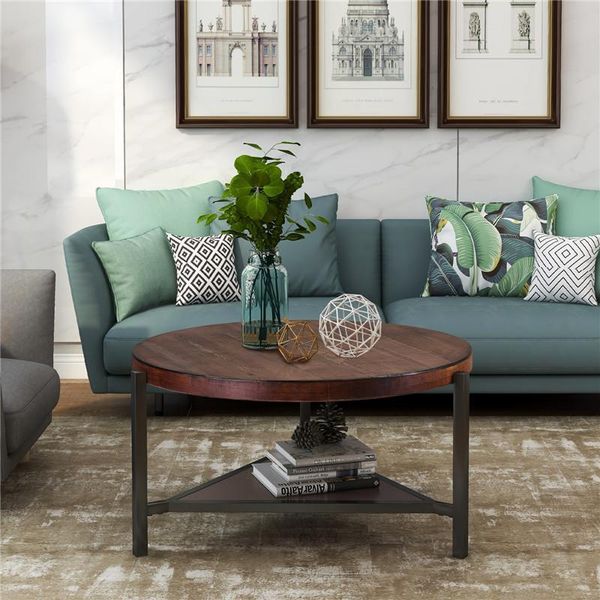 

coffee table round industrial design metal legs storage open shelf living room easy assembly in stock