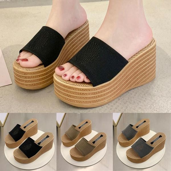 

trendy women slippers knitted breathable shoes zapatos mujer wedges party platform beach slipper flip flops buty damskie #c3, Black