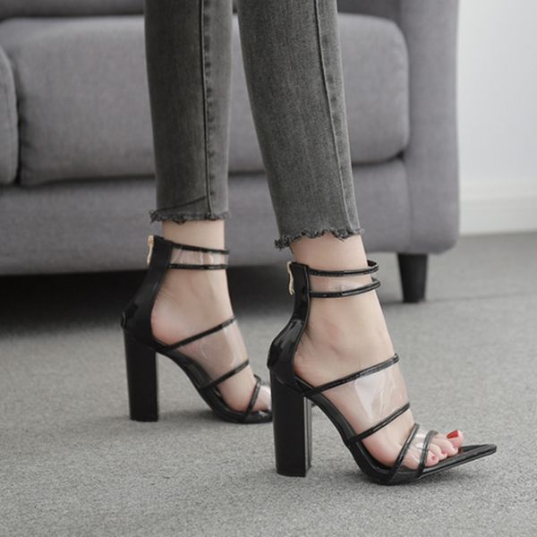

women summer high heels 2020 new buckle strap office transparent serpentine sandals party pumps wedding ladies shoes, Black