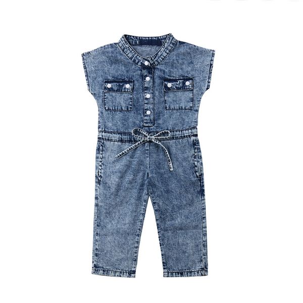 

girls jumpsuits denim rompers baby girls jeans wear sleeveless pockets single breasted bow cool girls outfits 1-6t, Blue