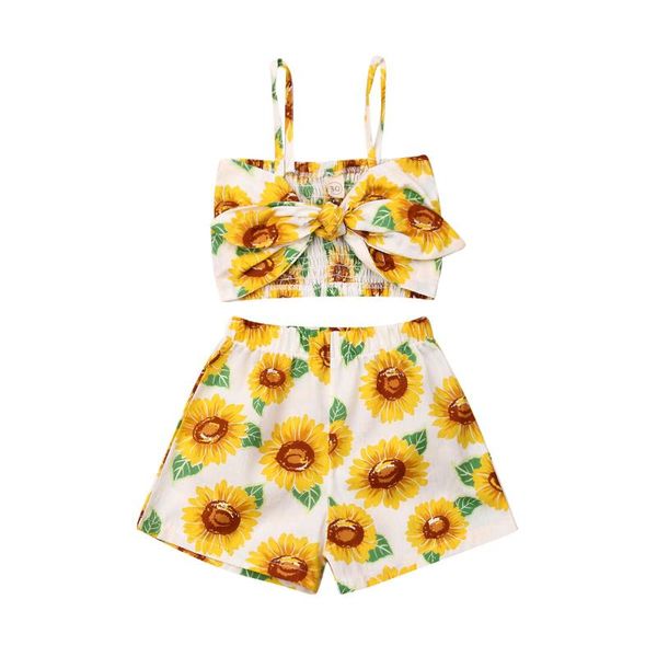 

0-5y infant kids baby girl summer clothes sets sunflower backless t-shirt short pants outifts set, White