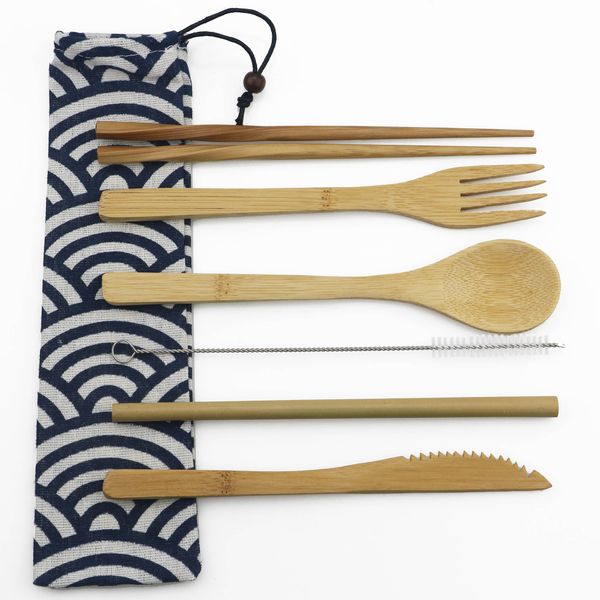 7-Pieces Tableware Set Eco-Friendly Bamboo Faqueiro Madeira palha com bolsa de viagem Wooden Spoon Fork Faca Dinnerware Set Atacado