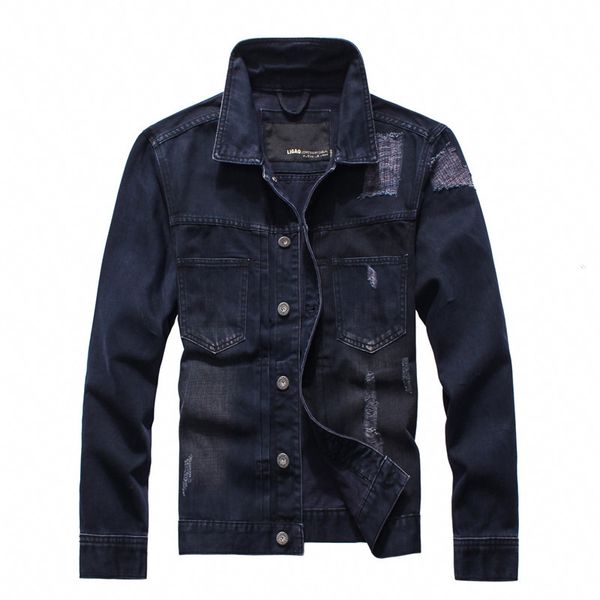 

mcikkny men ripped denim jackets coats fashion badge patchwork jackets outwear for male stretch, Black;brown