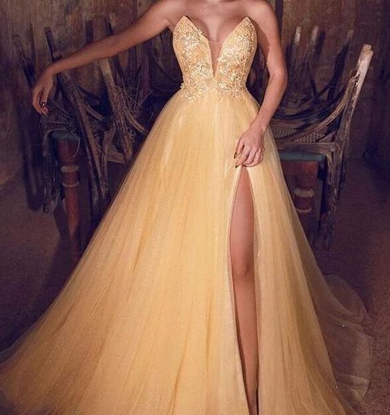 

charming yellow 2020 prom dresses split front long formal evening gowns a line sweetheart neck plus size girls party dress, Black