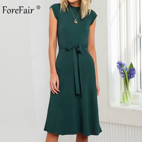 

forefair sashes waist tied casual midi dress women 2019 autumn short sleeve high waist turtleneck a line knitted elegant dress, Black;gray