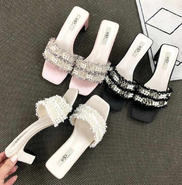 

string bead shoes slippers heels slipers women luxury slides square heel high 2020 designer summer soft block fashion shoes, Black