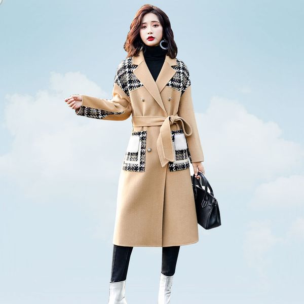 

woolen coat long jacket elegant women coats thick 2019 autumn winter korean slim overcoat blend wool coats female plaid belt 532, Black
