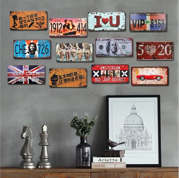 

wholesales any 10pcs home room decor retro license plate metal painting bathroom decor three-dimensional wall decorates pendant wall decor