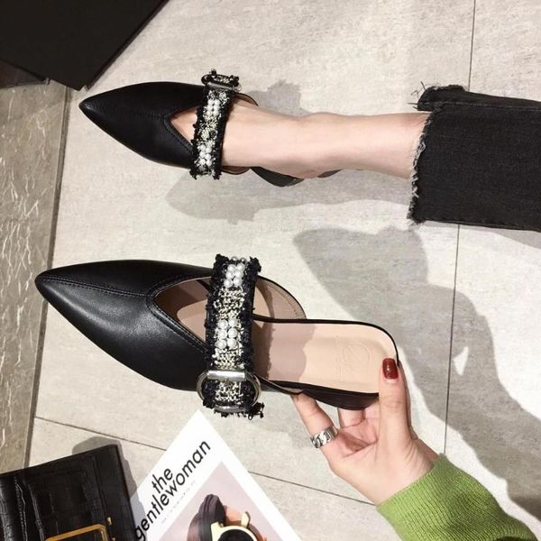 

pointed toe mules for women 2020 ladies' slippers female shoes luxury slides rivet loafers on a wedge low square heel new, Black
