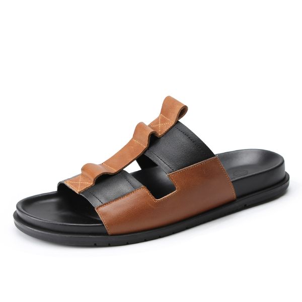 

mens leather sandals slippers male summer outdoor soft men slides flip flops fender summer men genuine leather slippers cowhide, Black