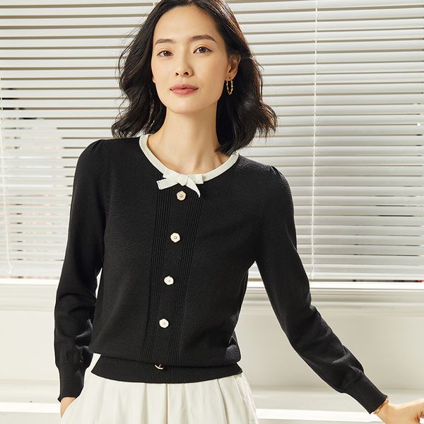 

autumn/winter 2019 new sweater female collision color bow tie short sweater female retro small fragrance round neck sweater female, Black;gray