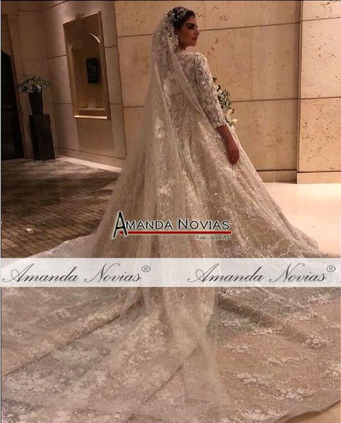 Abiti da sposa Chamagne con fiori 3D e abiti da sposa maniche lunghe musulmane aperte sul retro Abito da sposa taglie forti Immagini reali247u