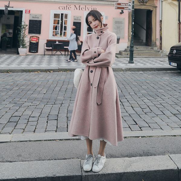 

european winter single breasted high waist lace up woolen overcoat big hem woolen long trench overcoat fashion streetwear 2019, Black