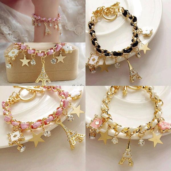 

woven leather bracelet gold star crystal eiffel tower poker flower bangle cuff bracelet women charm bracelets anklets jewelry gift, Golden;silver