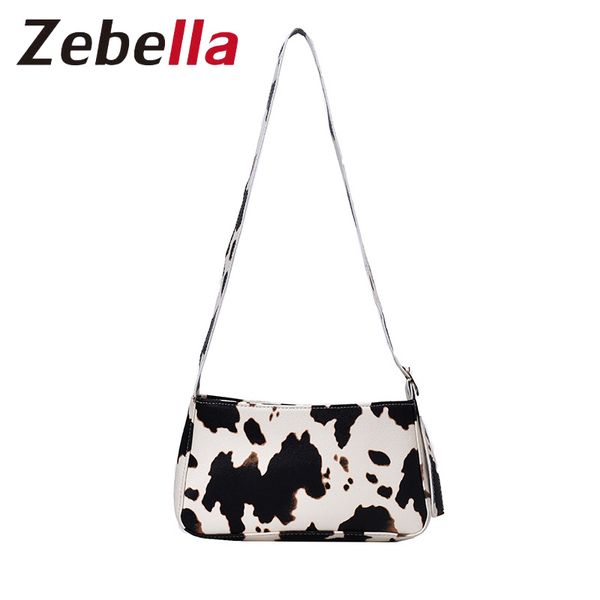 

zebella 2020 women shoulder bag adjustable shoulder strap cow milk pattern handbags small casual bag female pu zipper design
