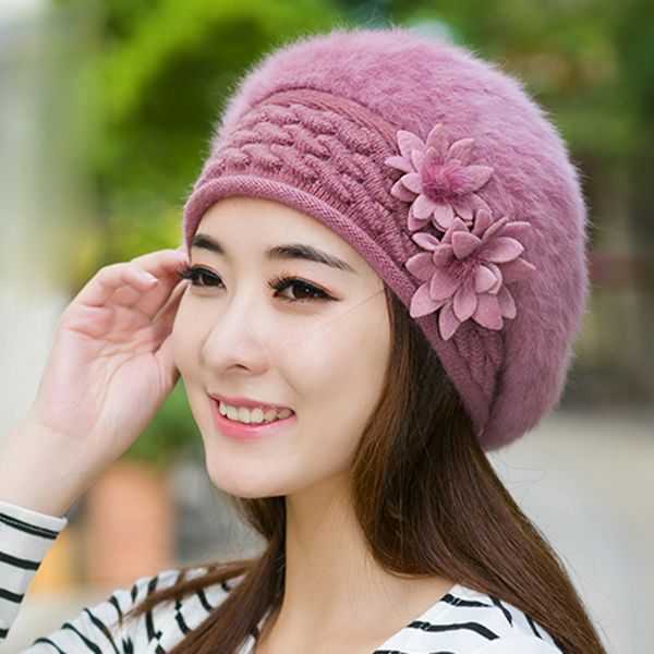 

fashion berets hat beanie spring autumn winter hat warm flower knit crochet casual cap for women girl female, Blue;gray