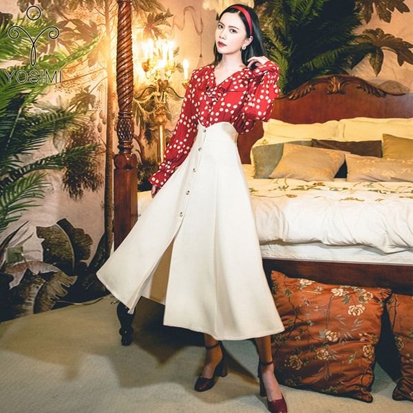 

2 piece outfits for women 2019 summer women full sleeve blouse+ long skirt two piece sets suit mid-calf dress red vintage, White
